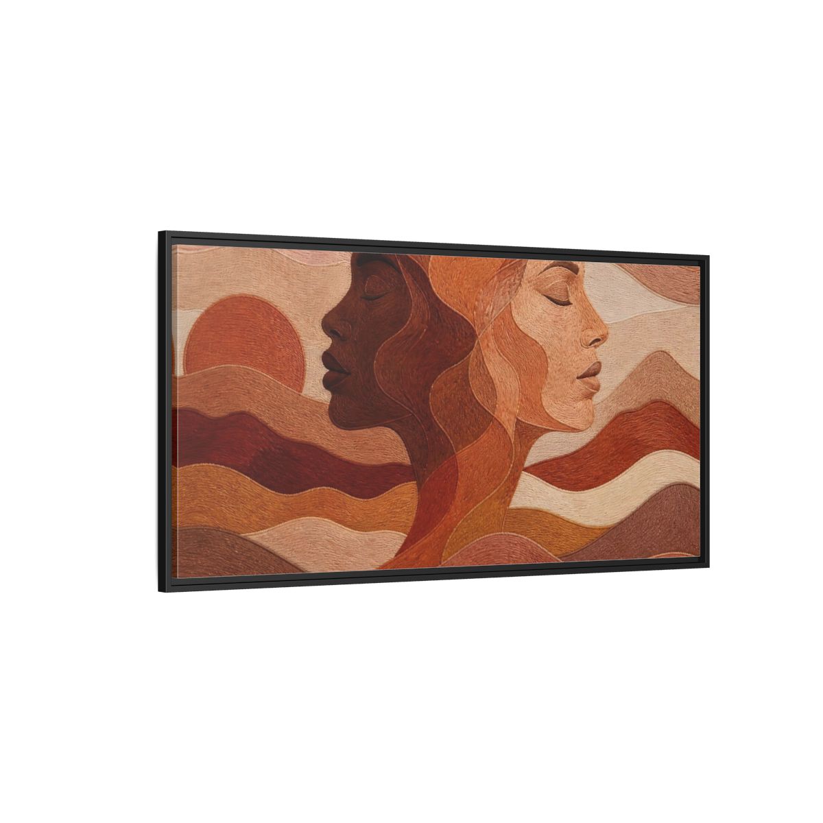 Side Mockup 5. Sunset Female Profiles shown as framed canvas print