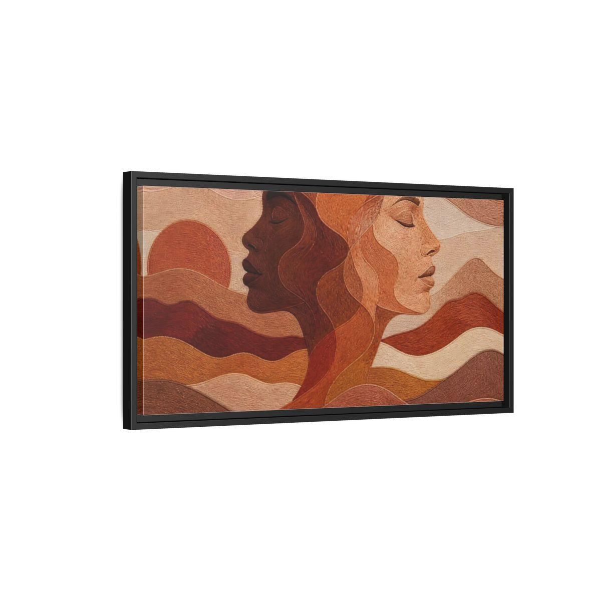 Side Mockup 2. Sunset Female Profiles shown as framed canvas print