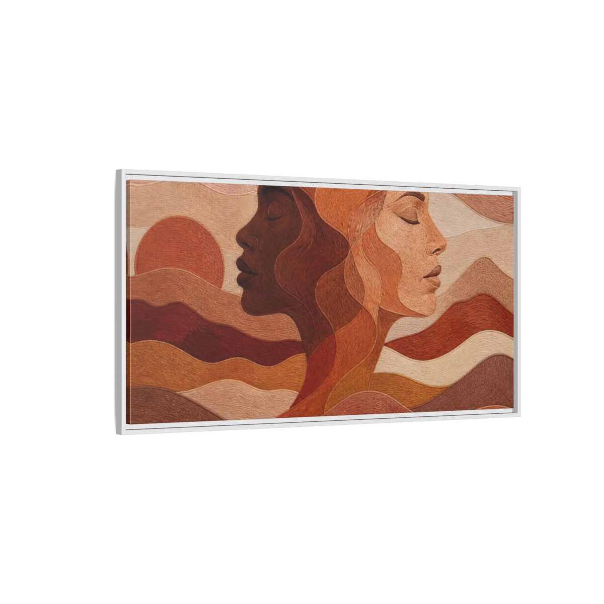 Side Mockup 3. Sunset Female Profiles shown as framed canvas print