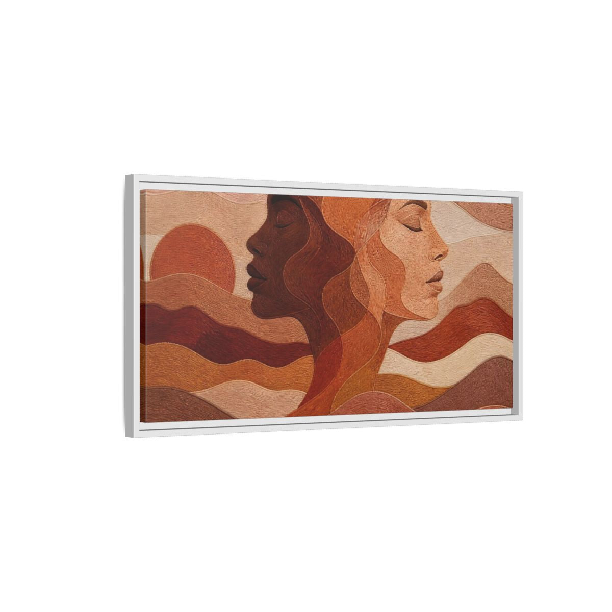Side Mockup 1. Sunset Female Profiles shown as framed canvas print