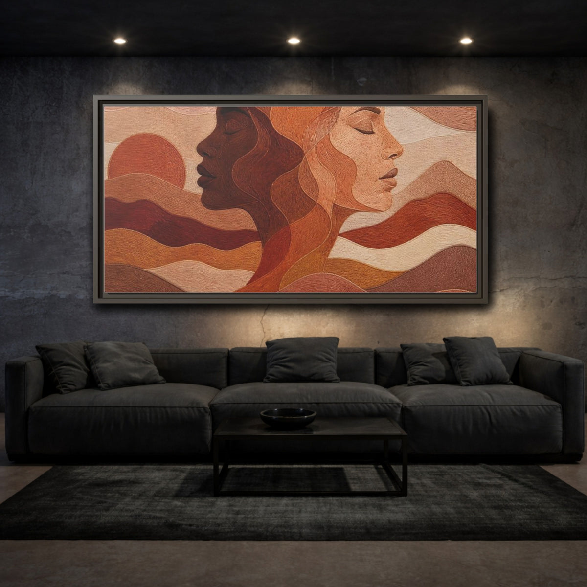 Mockup 3. Sunset Female Profiles shown as framed canvas print
