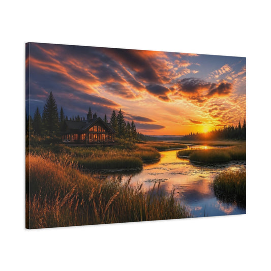Main Mockup. Sunset Marsh Landscape shown as canvas print