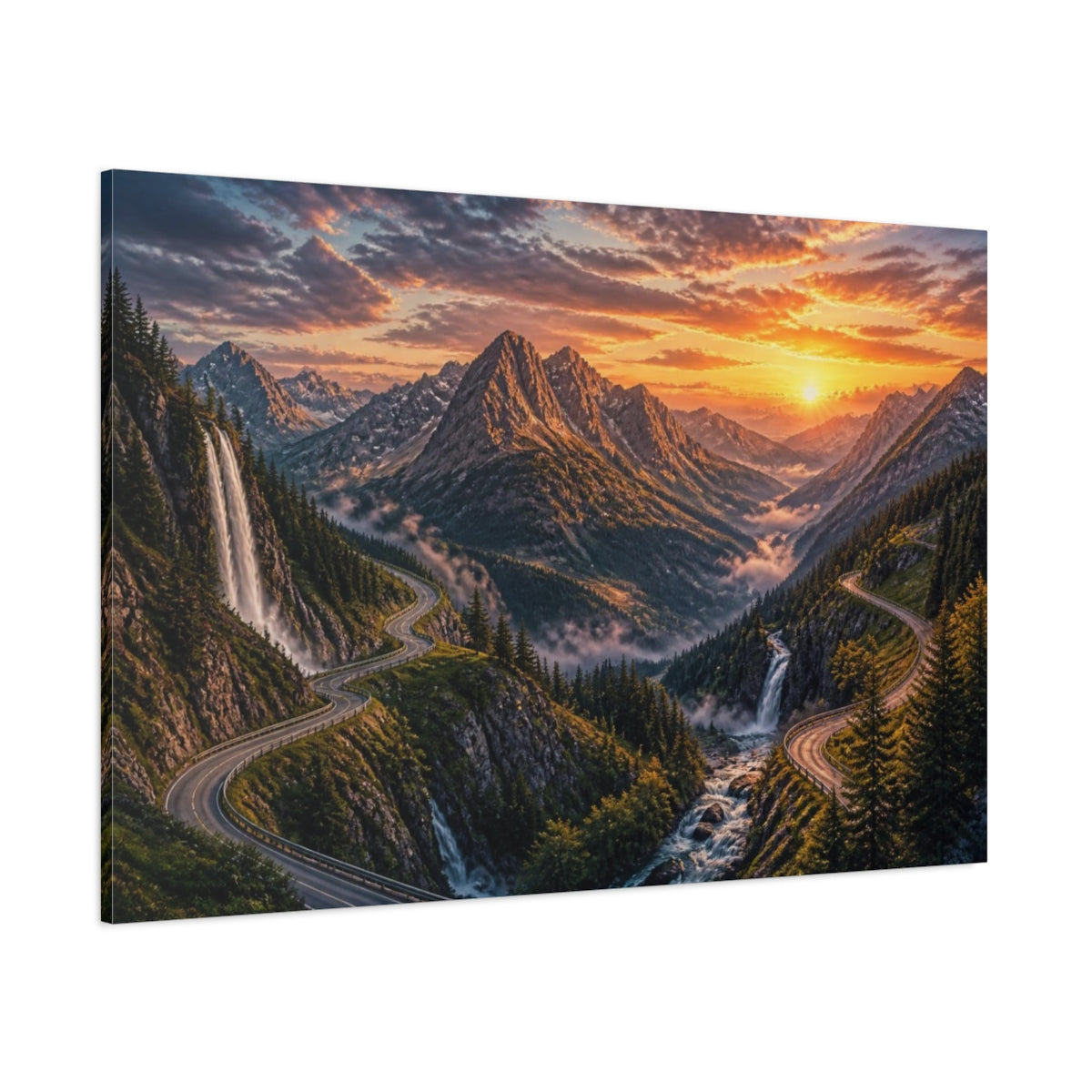 Side Mockup 1. Sunset Mountain Landscape shown as canvas print
