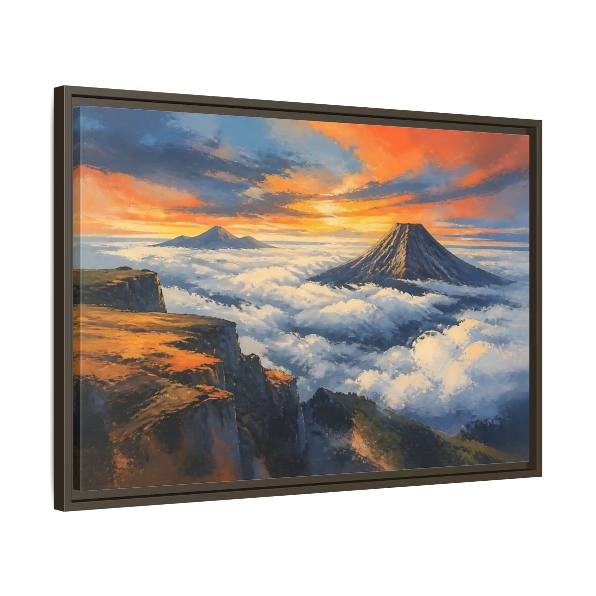 Side Mockup 11. Sunset Mountain Over Clouds shown as framed canvas print