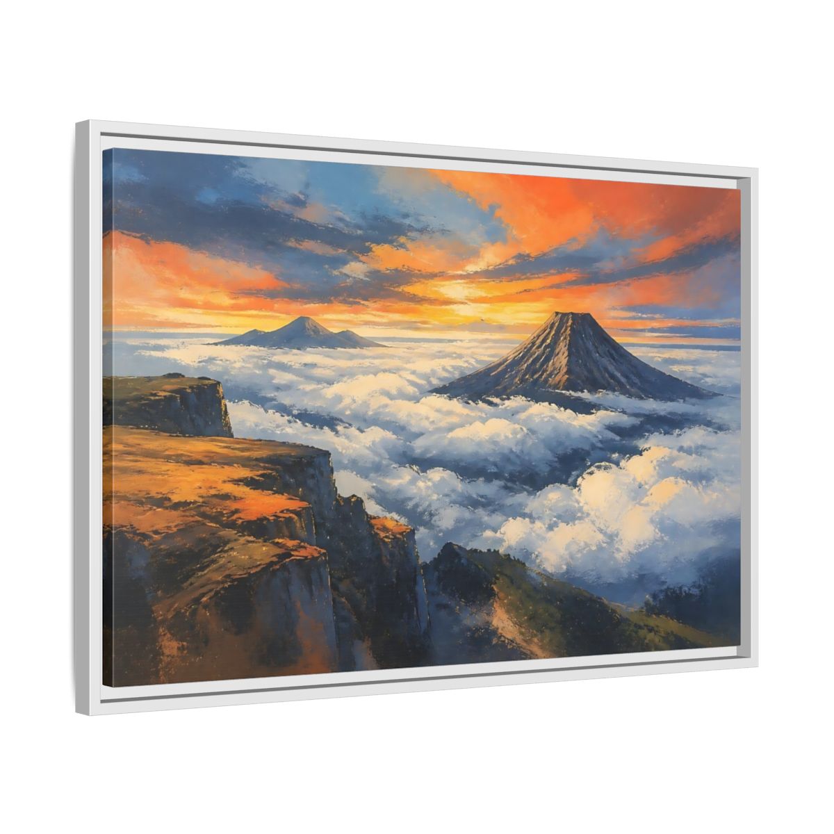 Side Mockup 10. Sunset Mountain Over Clouds shown as framed canvas print