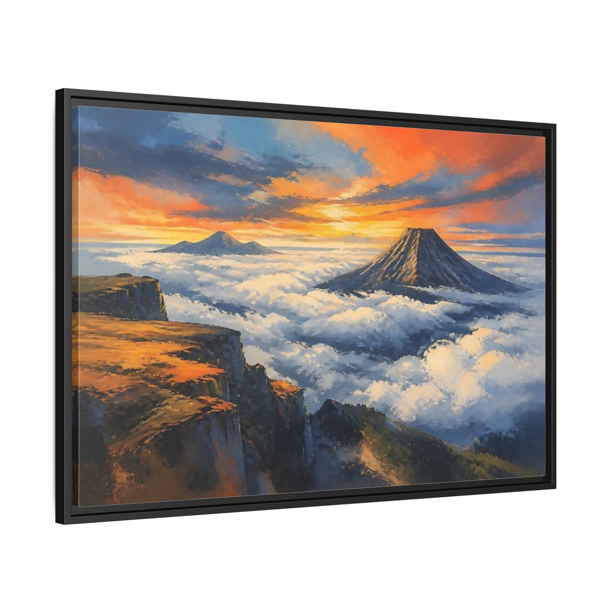 Side Mockup 13. Sunset Mountain Over Clouds shown as framed canvas print