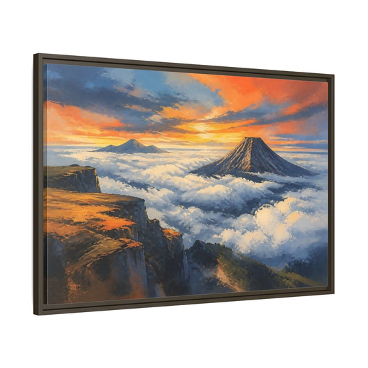 Main Mockup. Sunset Mountain Over Clouds shown as framed canvas print