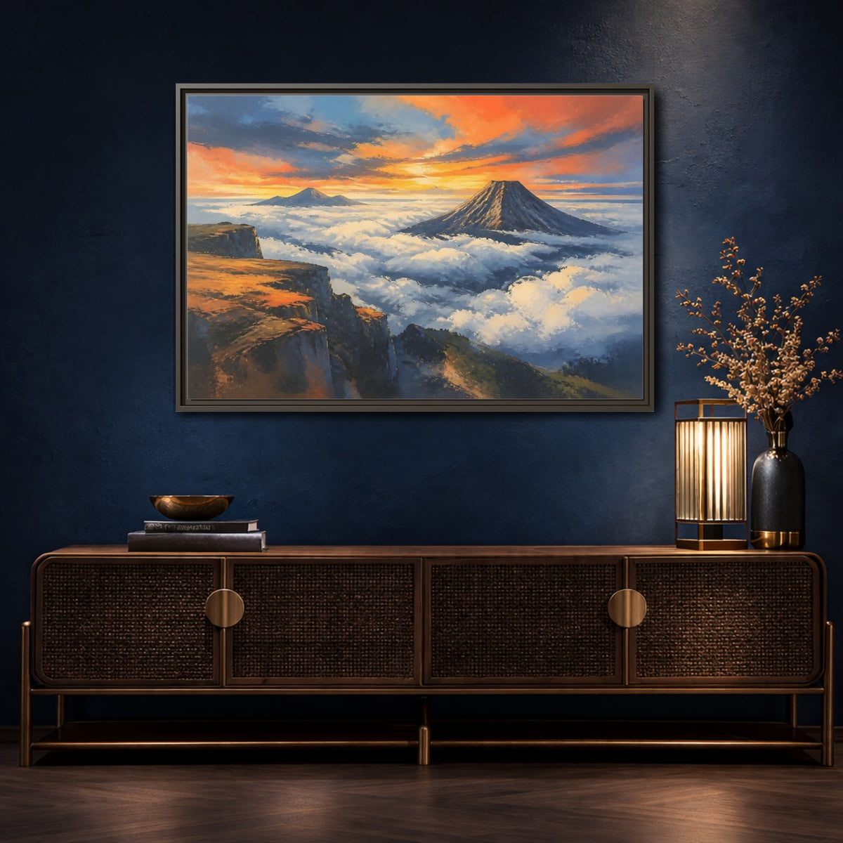 Mockup 4. Sunset Mountain Over Clouds shown as framed canvas print