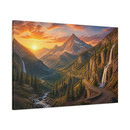 Main Mockup. Sunset Mountain Pass Landscape shown as canvas print