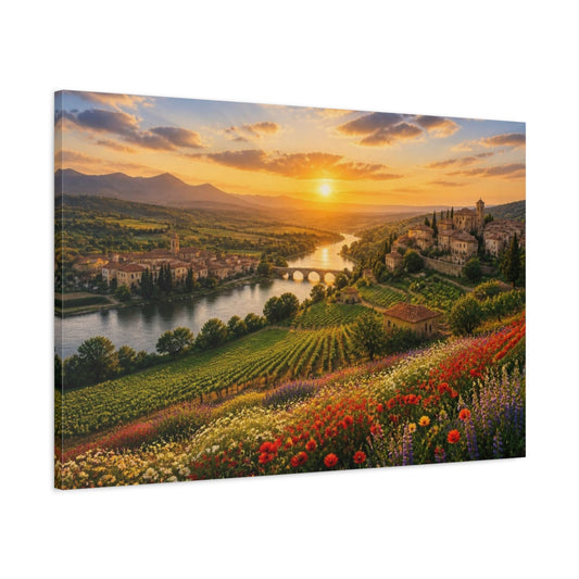 Main Mockup. Sunset River Valley Landscape shown as canvas print