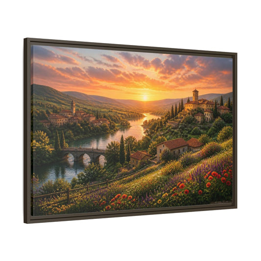 Main Mockup. Sunset River Valley Landscape shown as framed canvas print