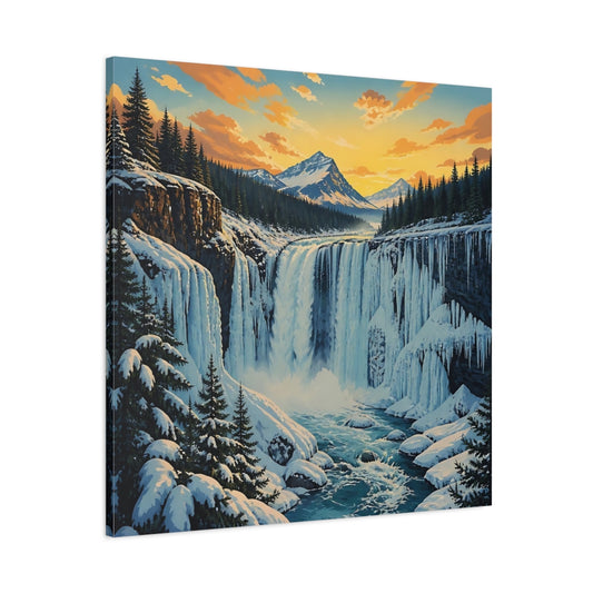 Main Mockup. Sunset Snow Waterfall shown as canvas print