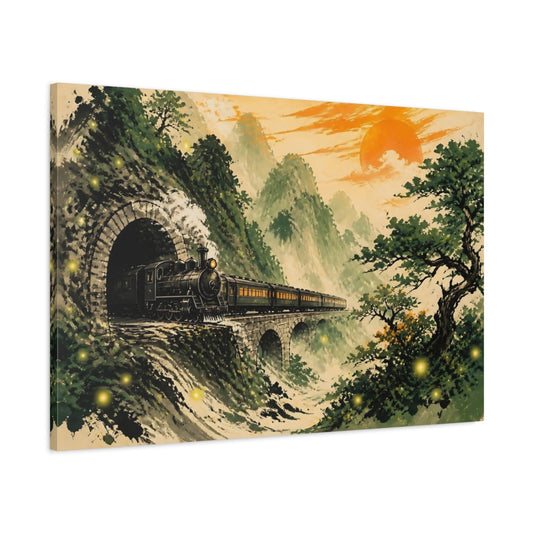 Main Mockup. Sunset Steam Train Voyage shown as canvas print