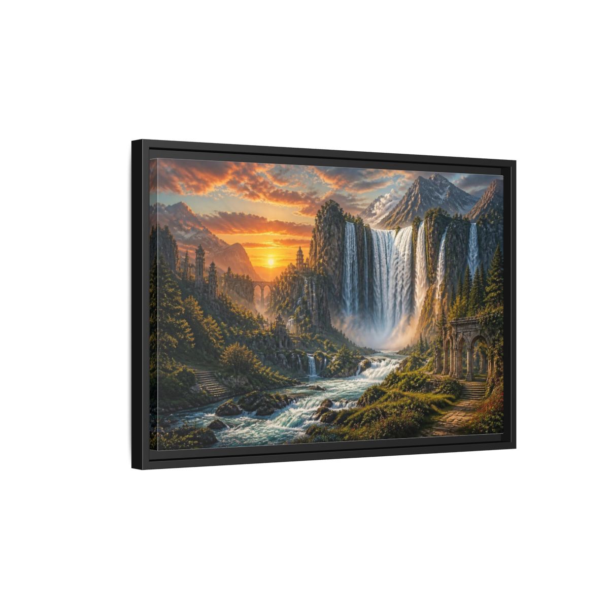 Side Mockup 3. Sunset Waterfall Landscape shown as framed canvas print