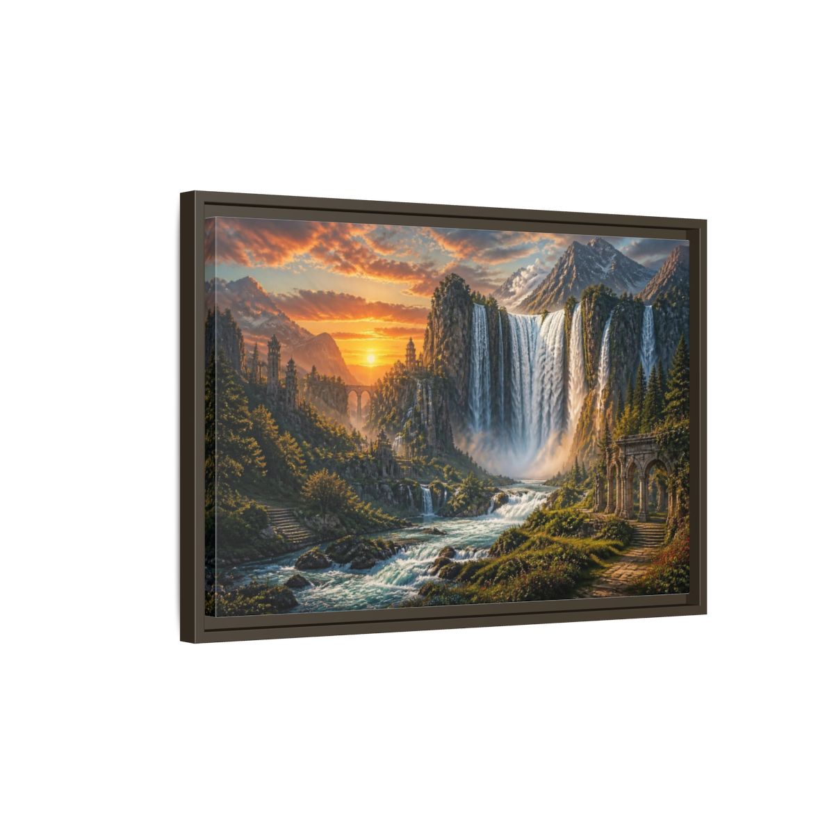 Side Mockup 2. Sunset Waterfall Landscape shown as framed canvas print