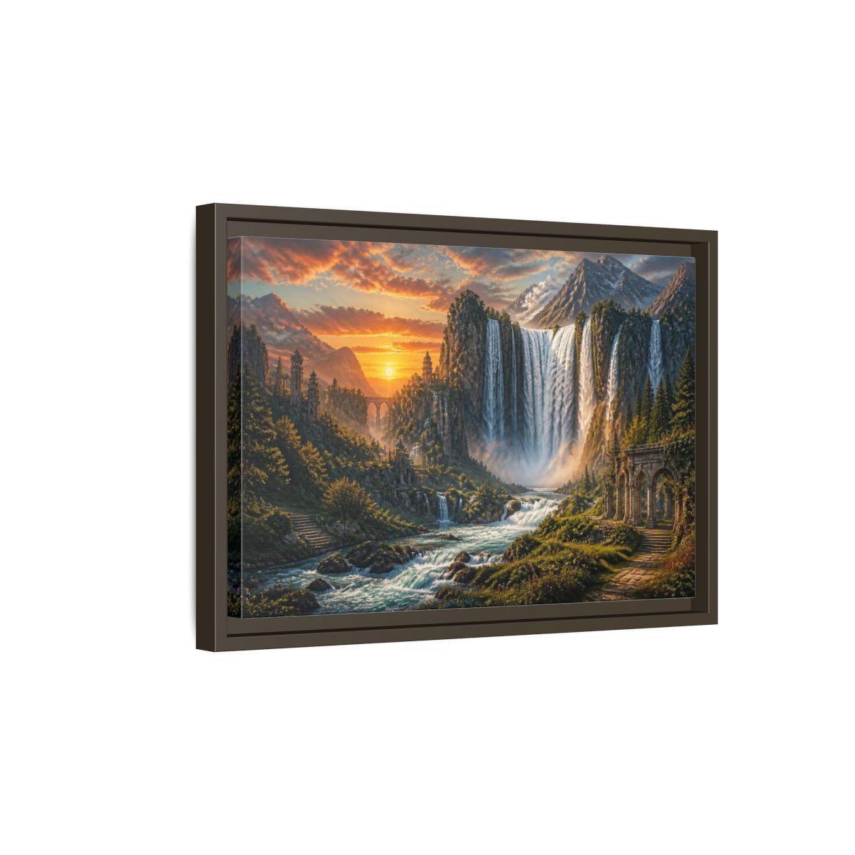 Side Mockup 5. Sunset Waterfall Landscape shown as framed canvas print
