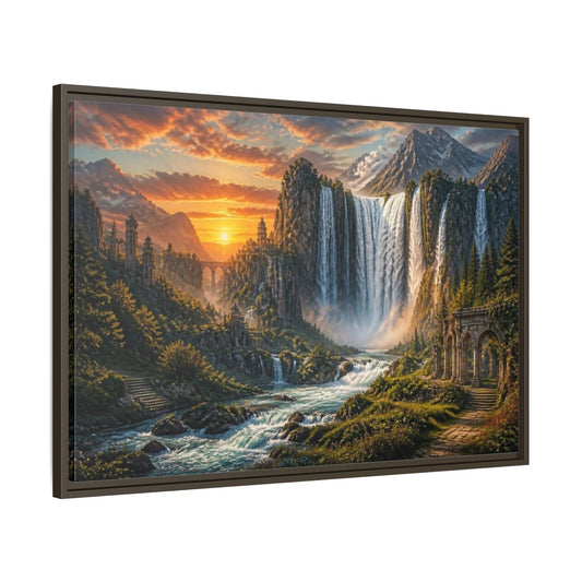 Main Mockup. Sunset Waterfall Landscape shown as framed canvas print
