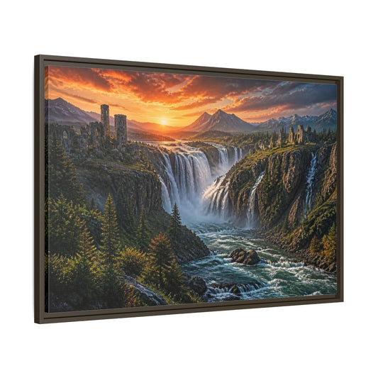 Main Mockup. Sunset Waterfall Landscape shown as framed canvas print