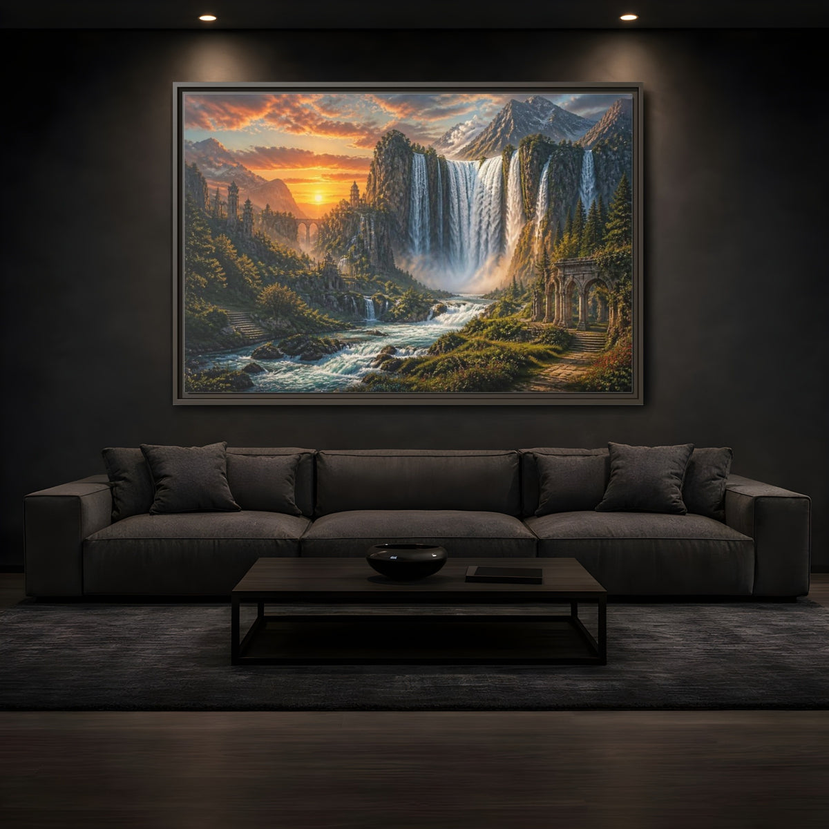 Mockup 3. Sunset Waterfall Landscape shown as framed canvas print