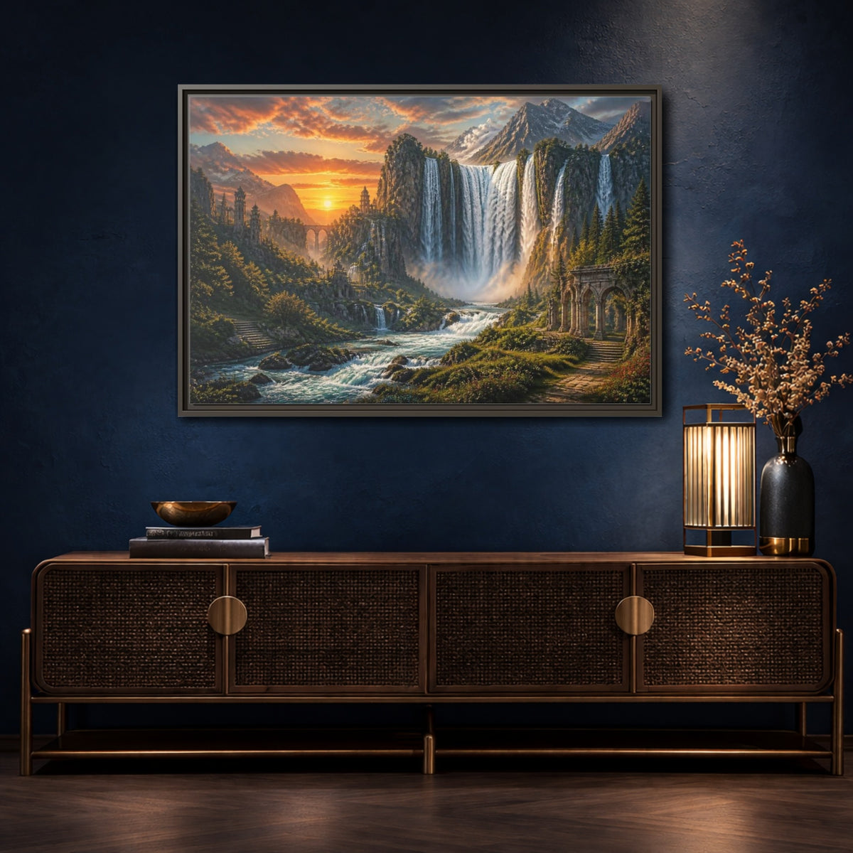 Mockup 4. Sunset Waterfall Landscape shown as framed canvas print