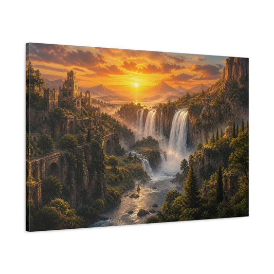 Main Mockup. Sunset Waterfalls Landscape shown as canvas print