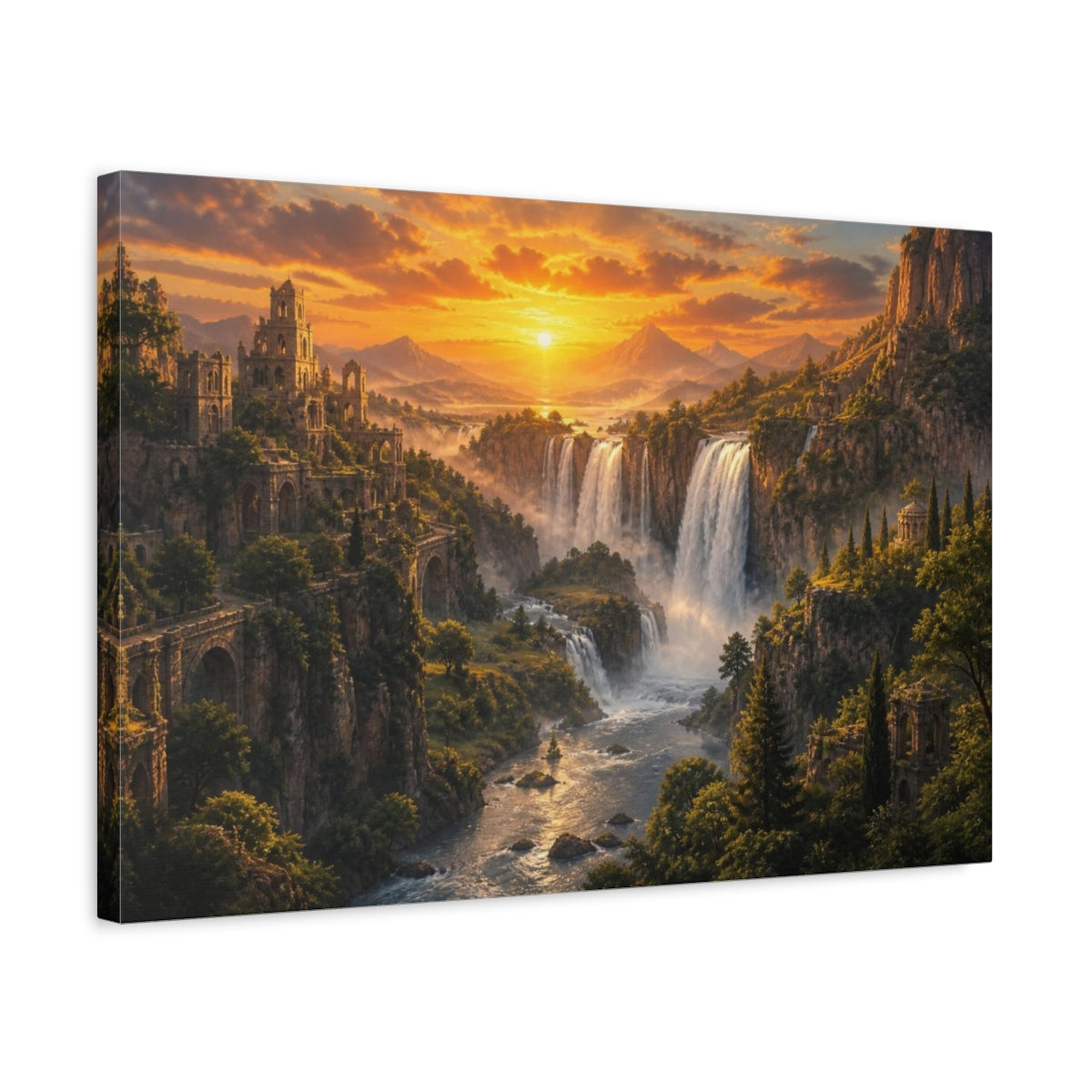 Side Mockup 3. Sunset Waterfalls Landscape shown as canvas print
