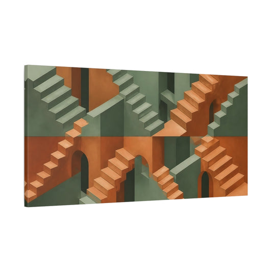 Main Mockup. Surreal Staircase Maze shown as canvas print