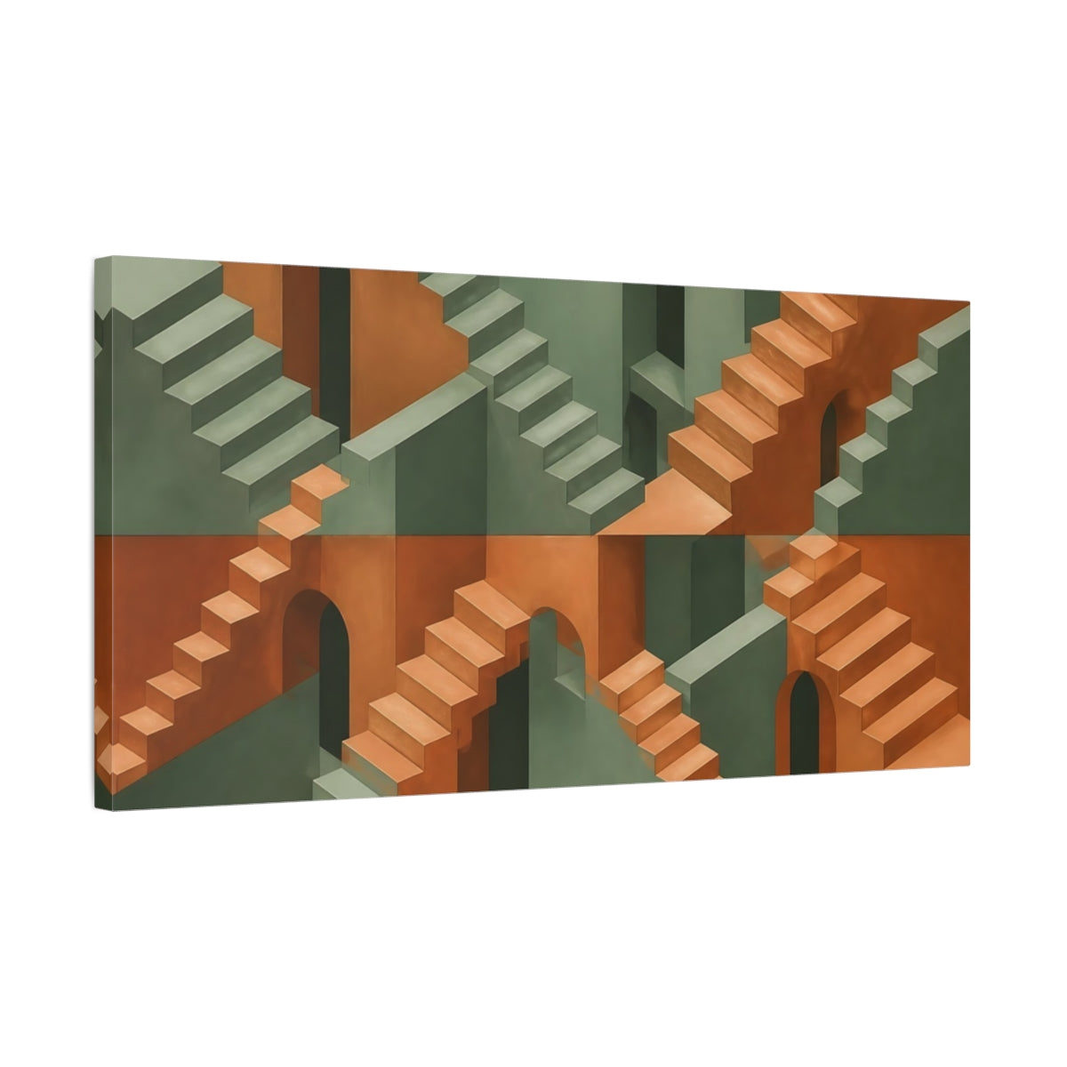 Side Mockup 1. Surreal Staircase Maze shown as canvas print
