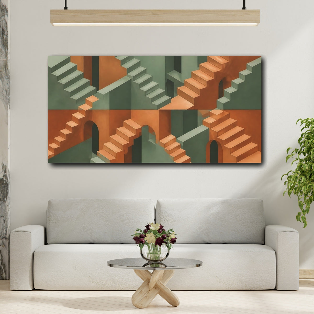 Mockup 2. Surreal Staircase Maze shown as canvas print