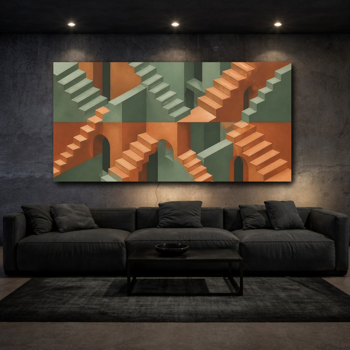 Mockup 3. Surreal Staircase Maze shown as canvas print