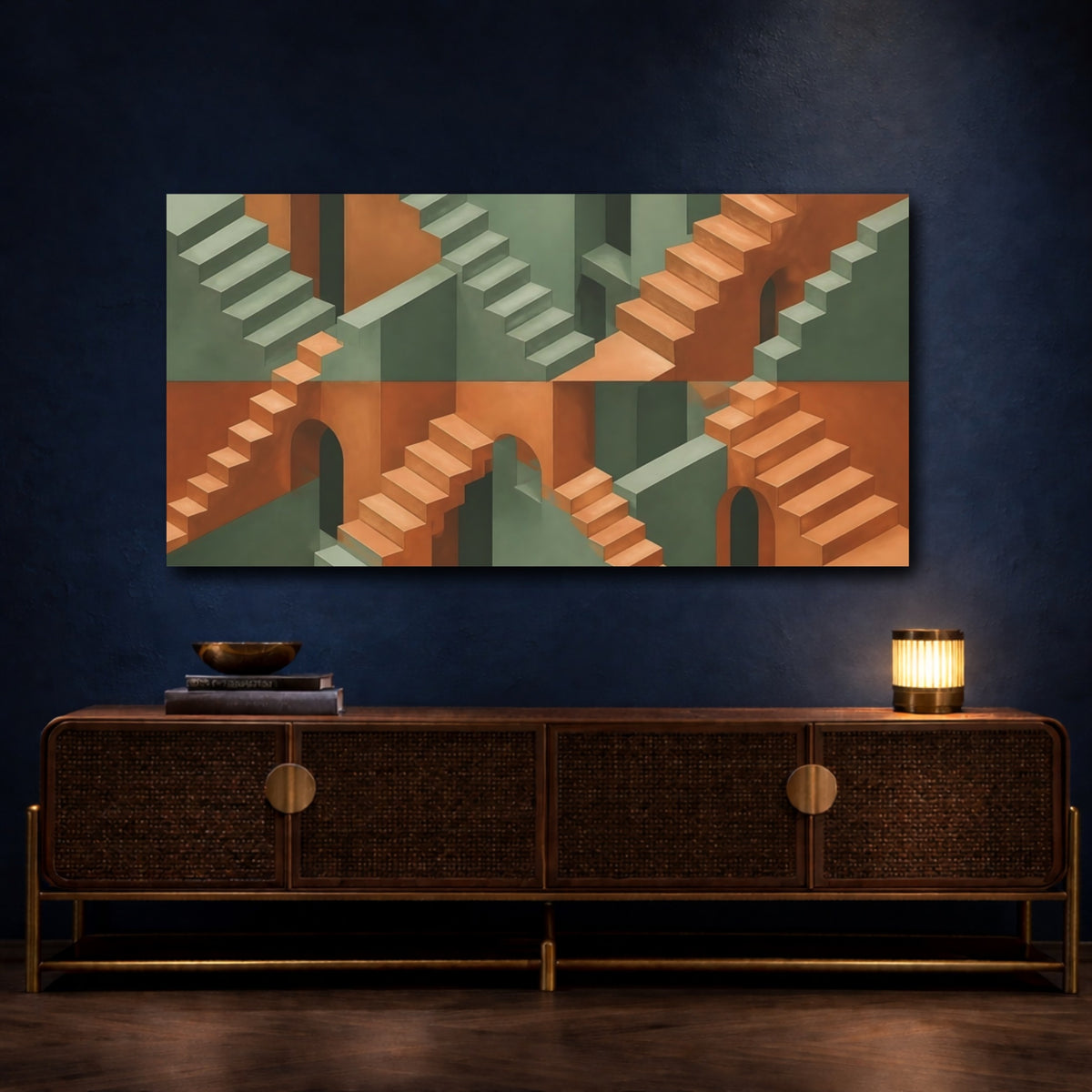 Mockup 4. Surreal Staircase Maze shown as canvas print