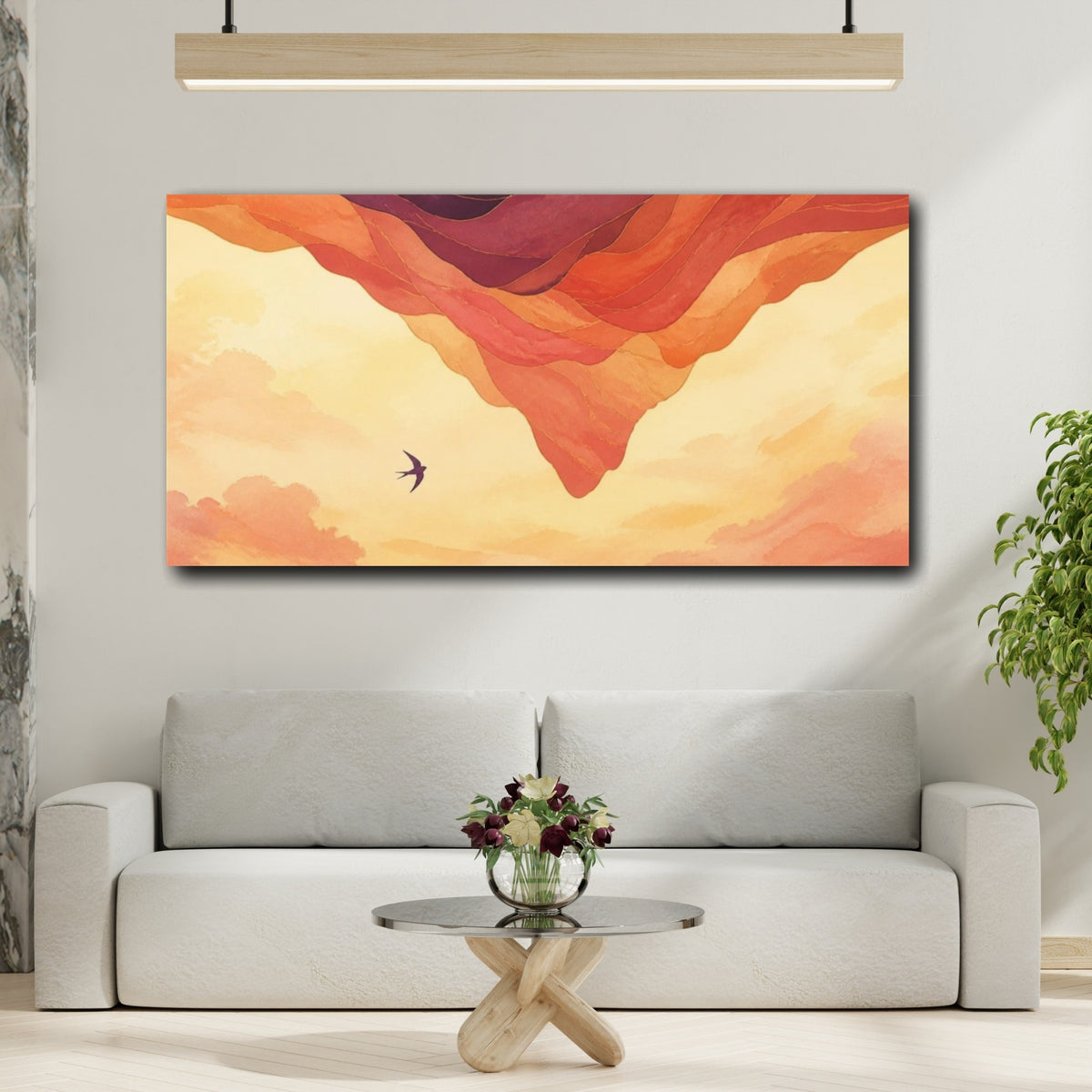 Mockup 2. Swallow Over Amber Layers shown as canvas print
