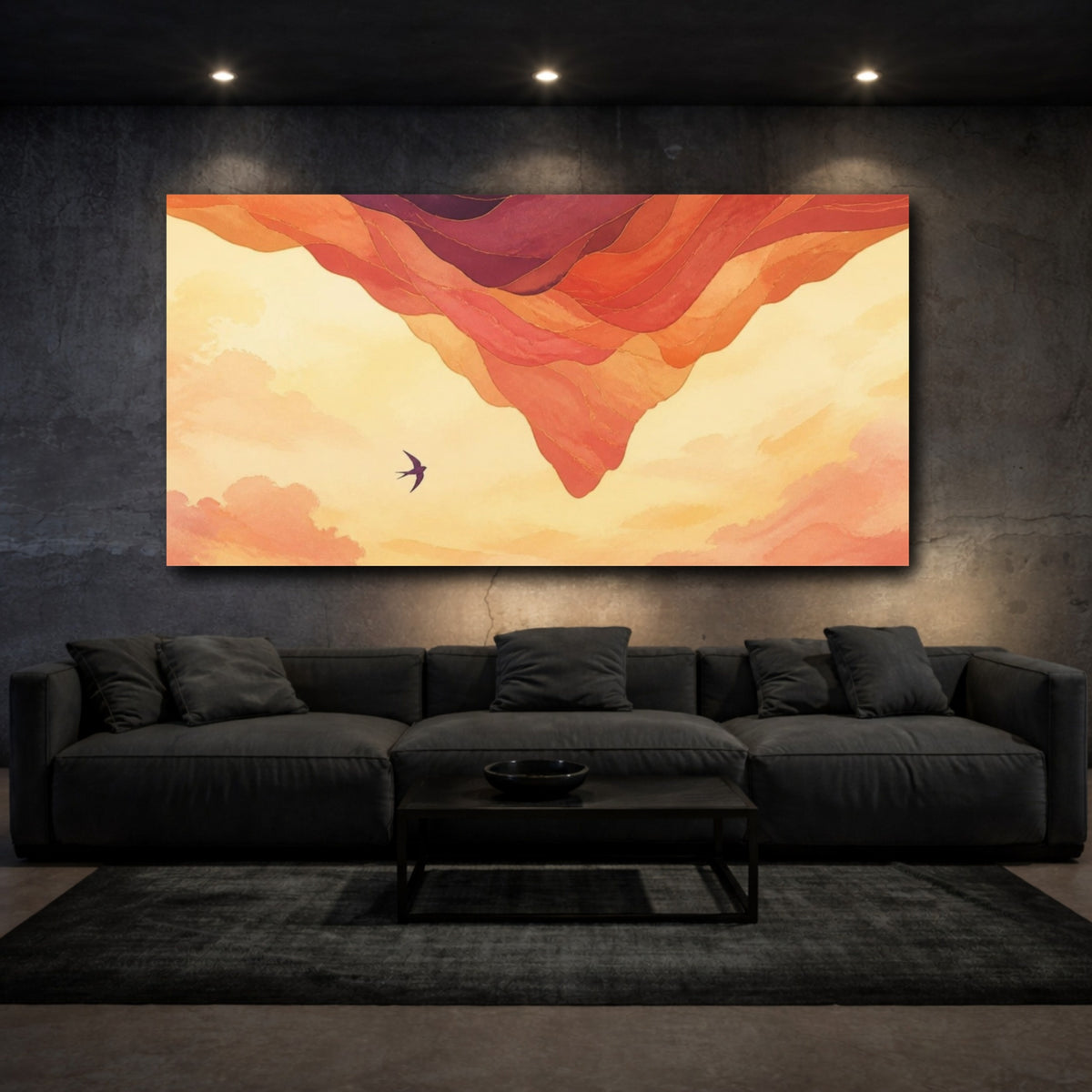 Mockup 3. Swallow Over Amber Layers shown as canvas print