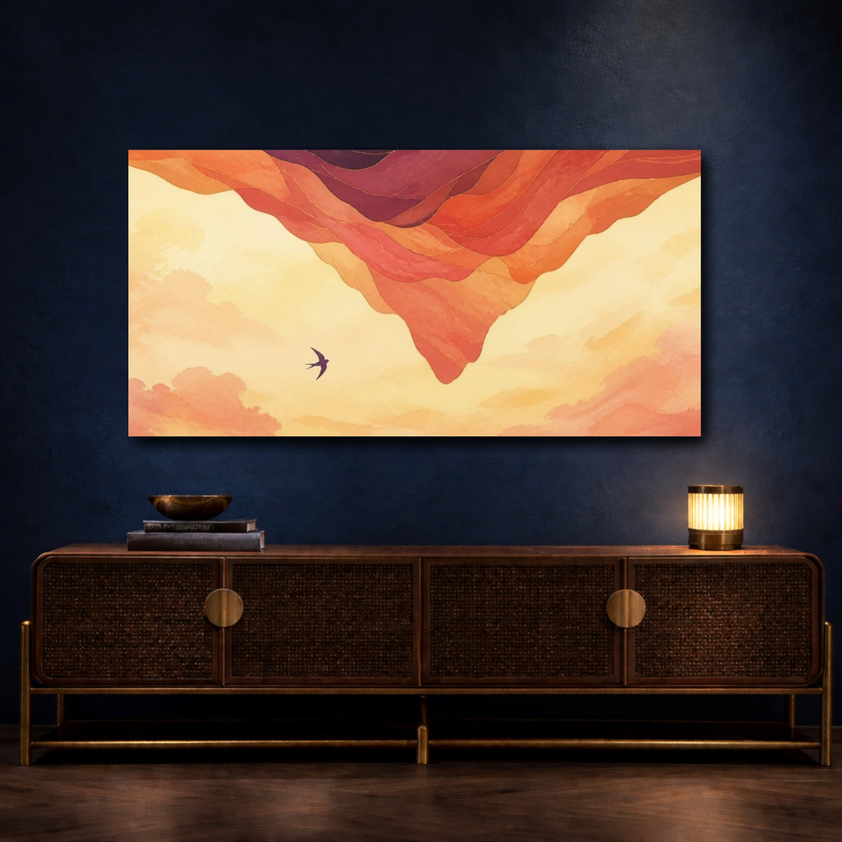 Mockup 4. Swallow Over Amber Layers shown as canvas print