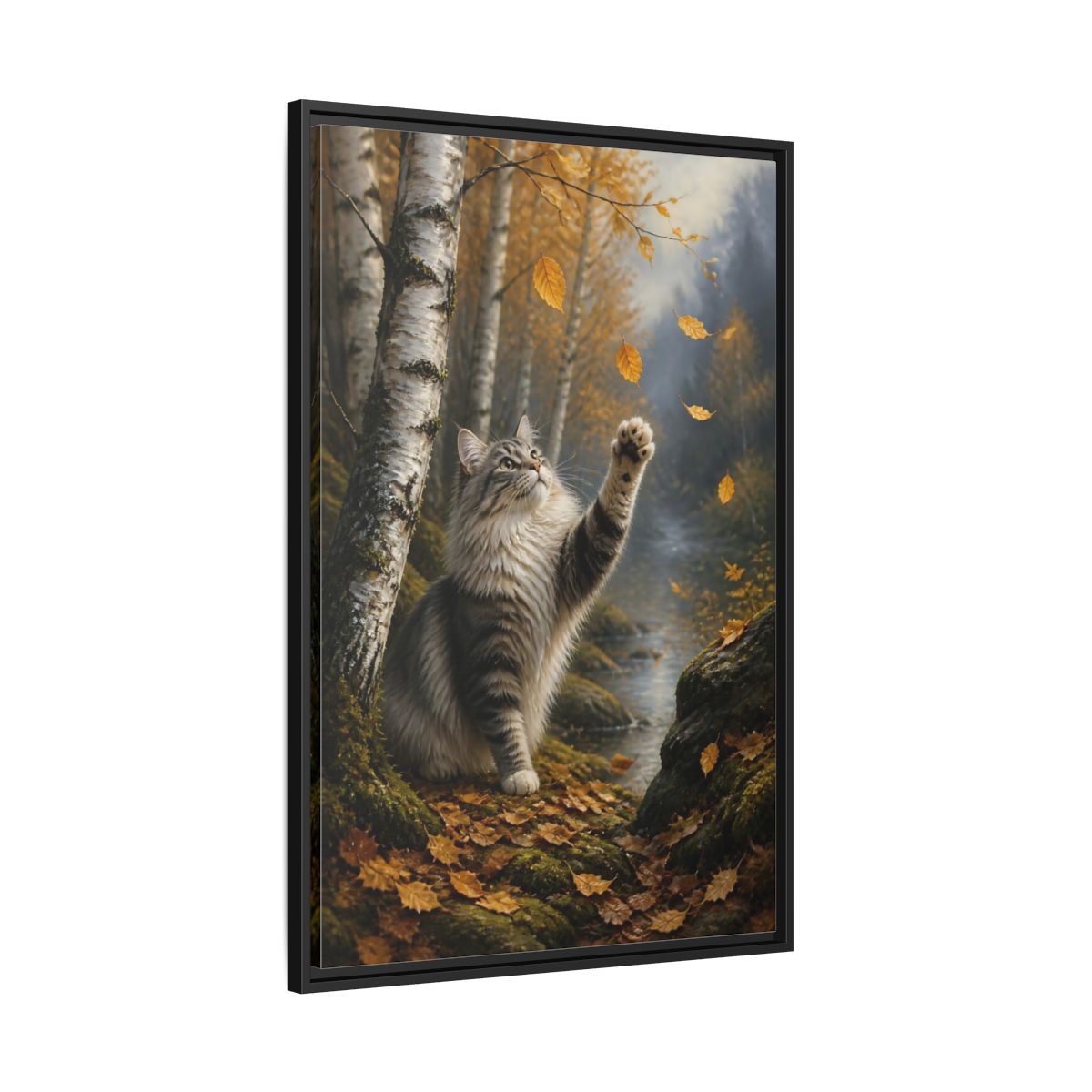 Side Mockup 13. Tabby Cat In Autumn shown as framed canvas print