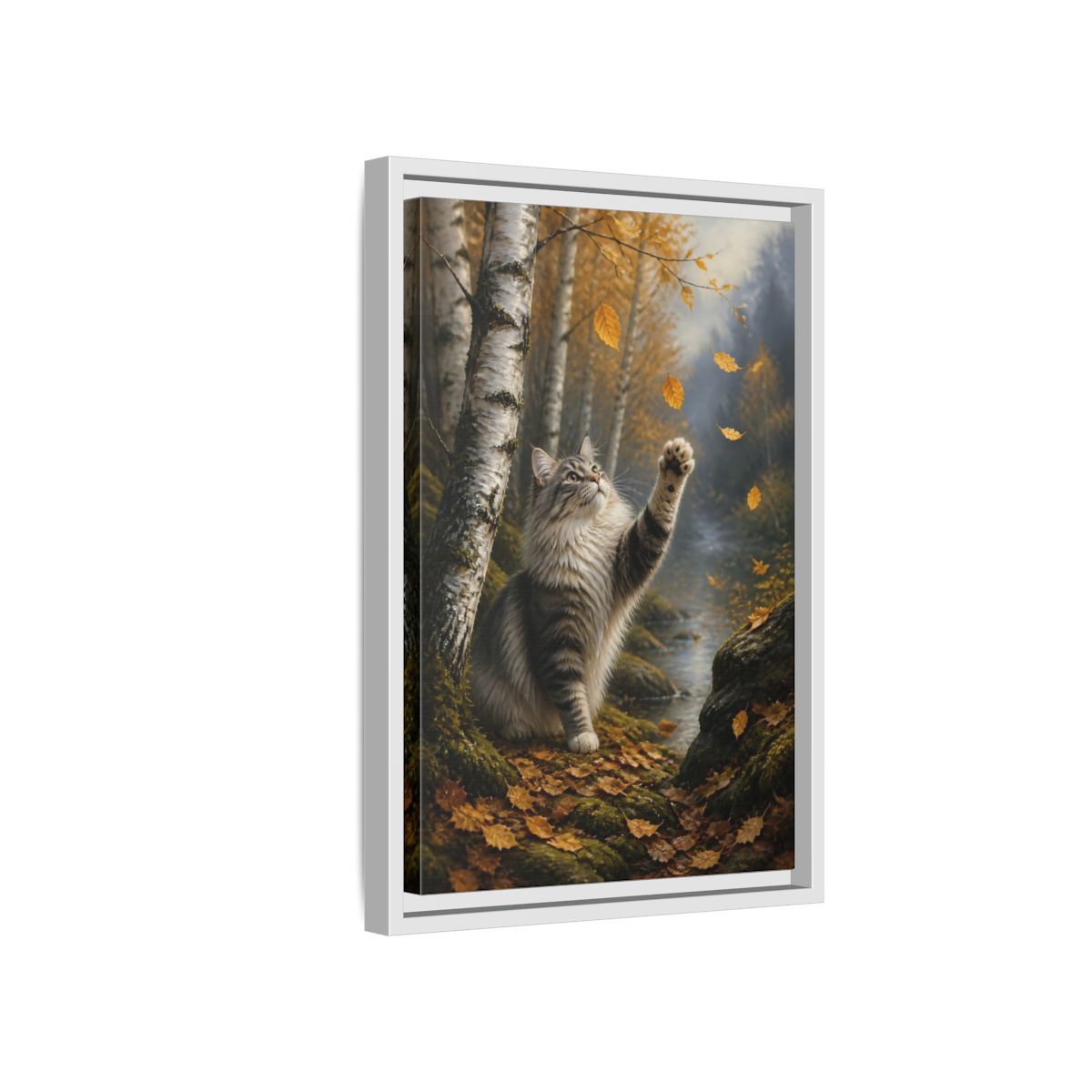 Side Mockup 4. Tabby Cat In Autumn shown as framed canvas print