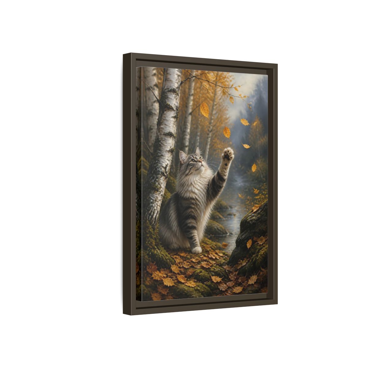 Side Mockup 5. Tabby Cat In Autumn shown as framed canvas print