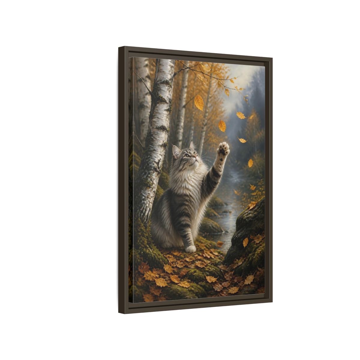 Side Mockup 2. Tabby Cat In Autumn shown as framed canvas print