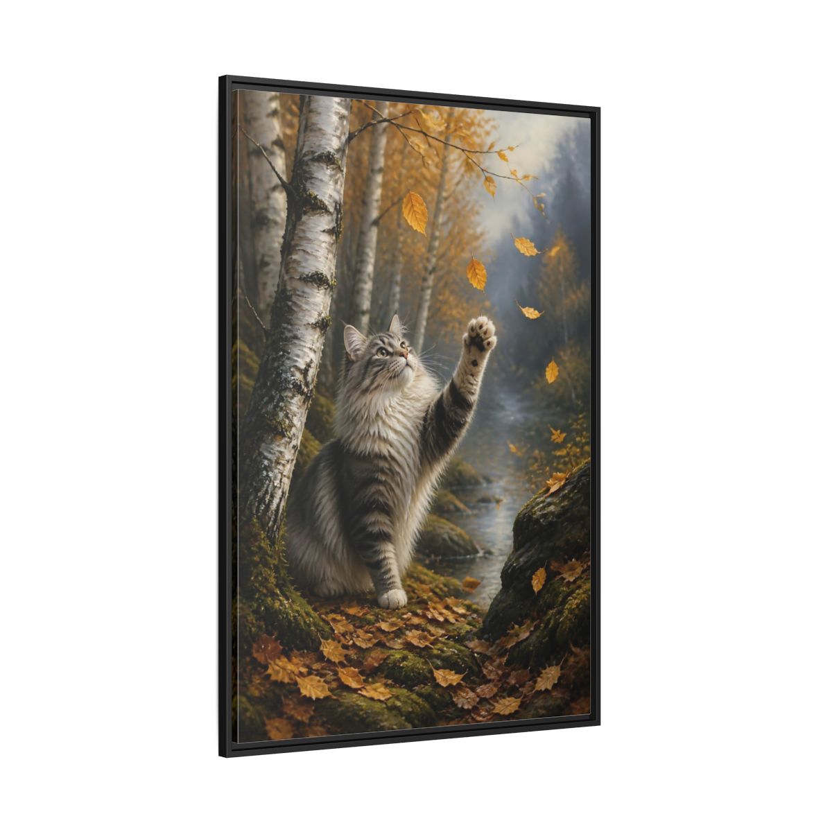 Side Mockup 12. Tabby Cat In Autumn shown as framed canvas print