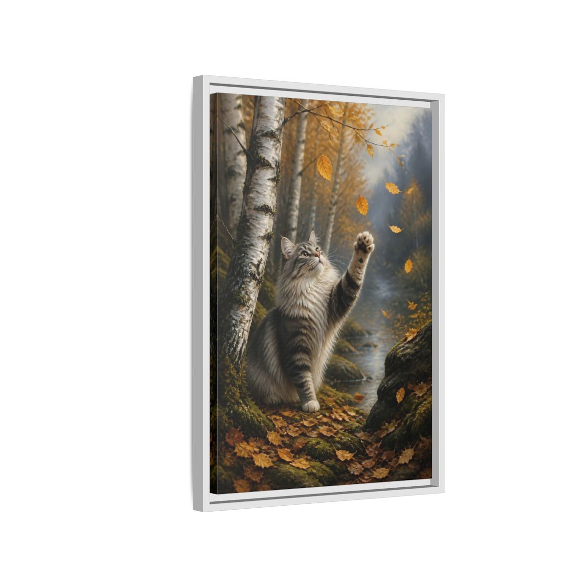 Side Mockup 1. Tabby Cat In Autumn shown as framed canvas print