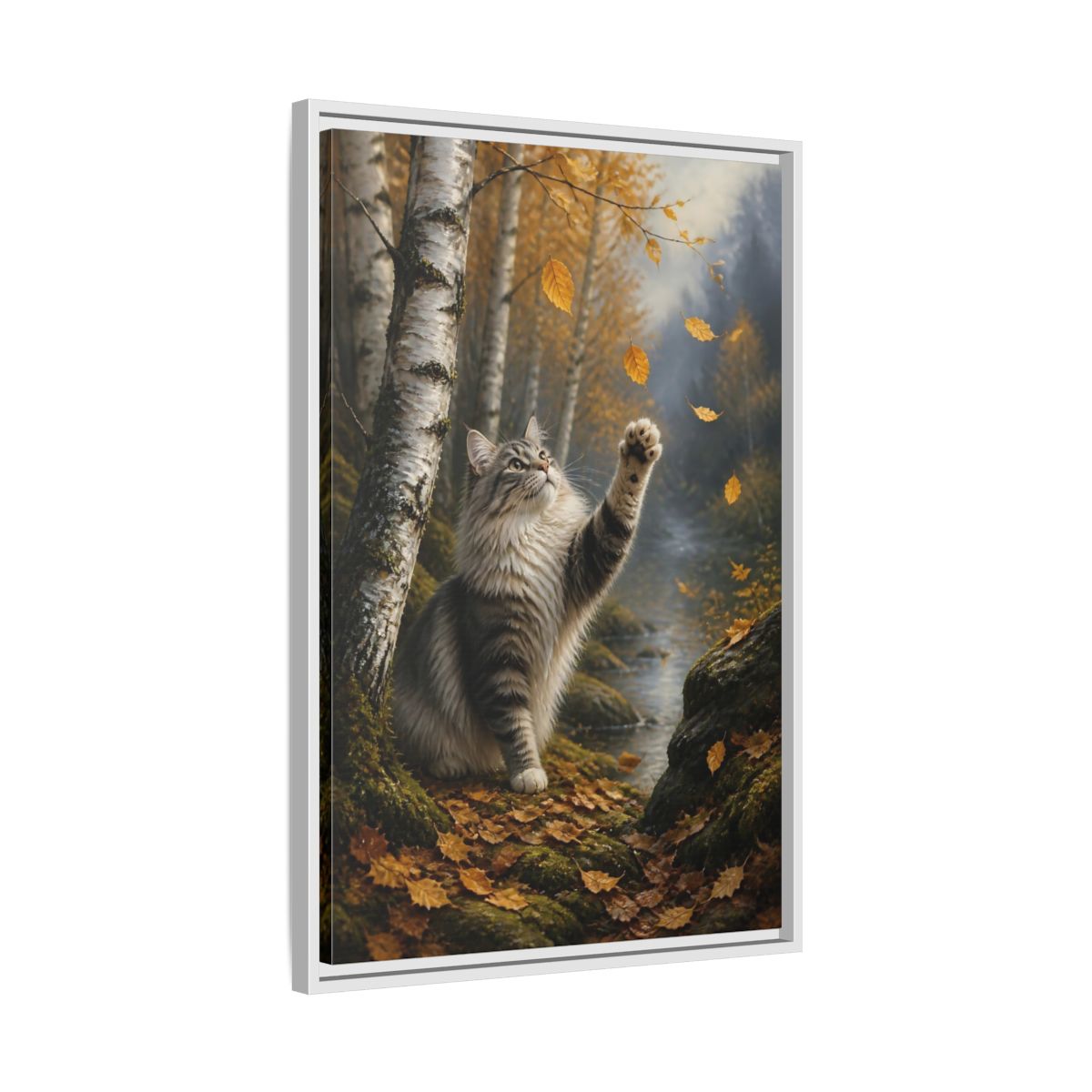 Side Mockup 10. Tabby Cat In Autumn shown as framed canvas print