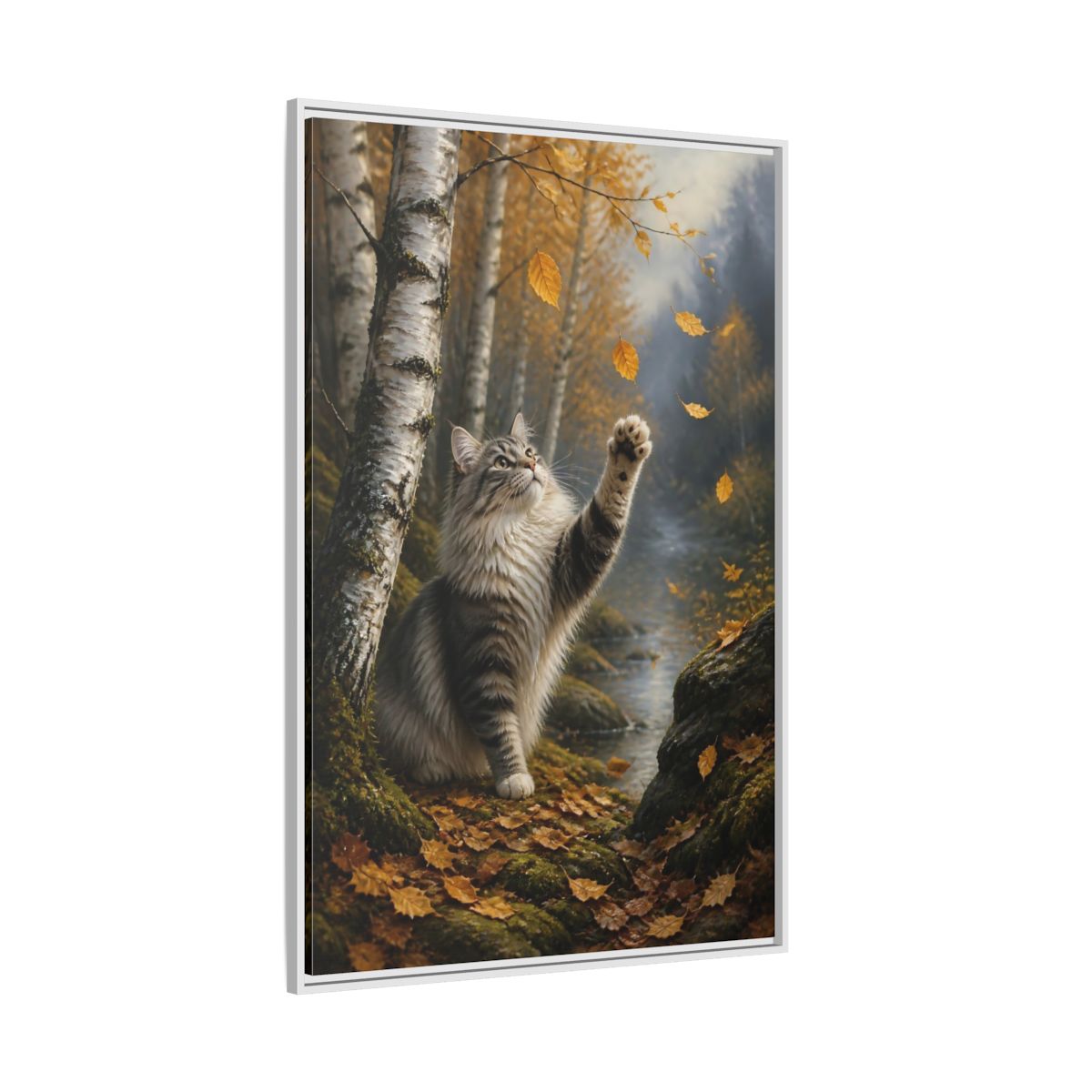 Side Mockup 7. Tabby Cat In Autumn shown as framed canvas print