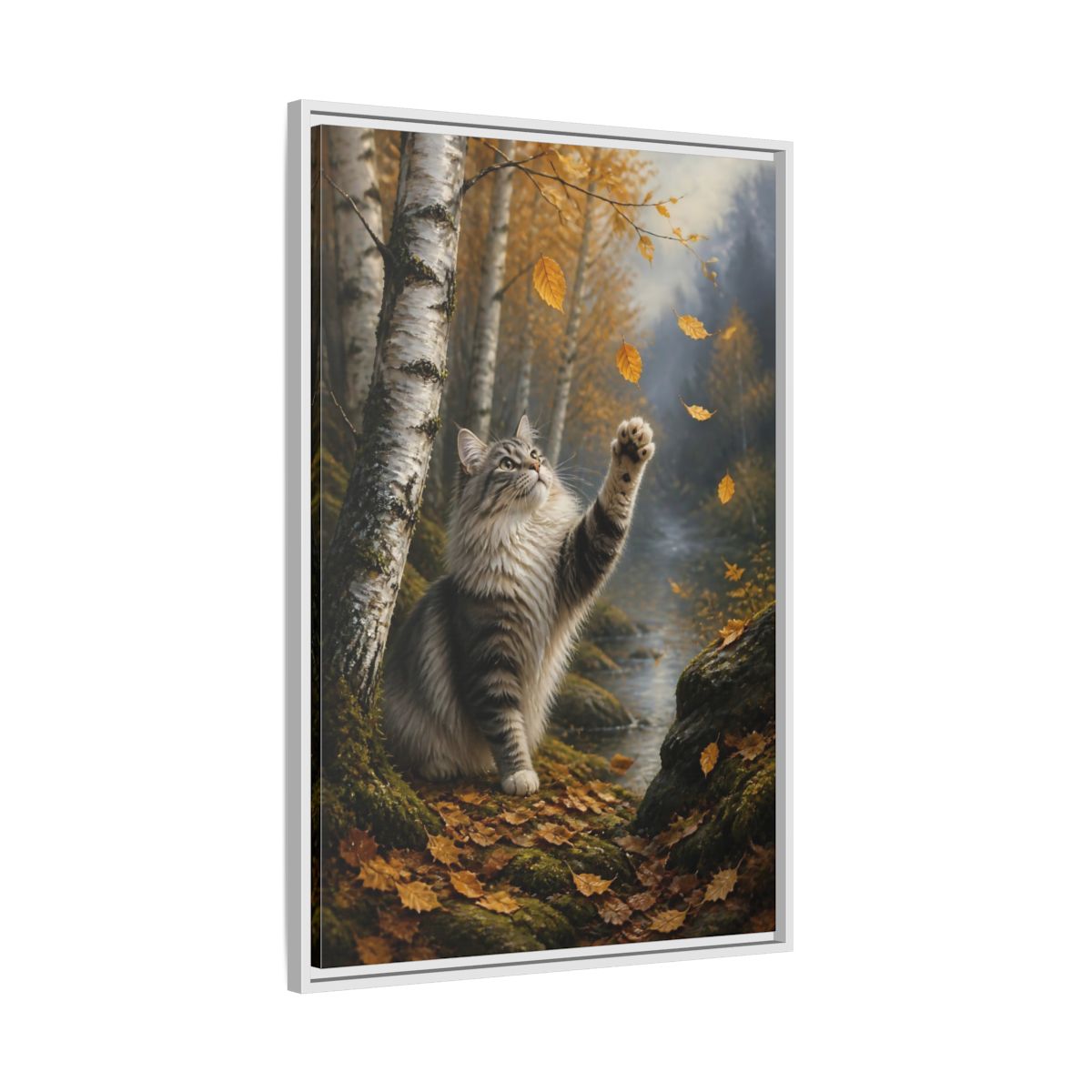 Side Mockup 9. Tabby Cat In Autumn shown as framed canvas print