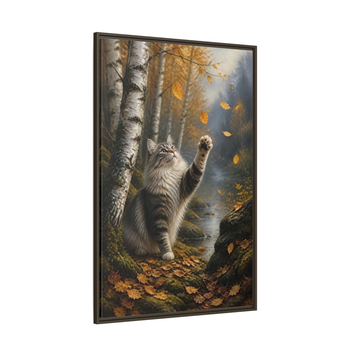Side Mockup 8. Tabby Cat In Autumn shown as framed canvas print