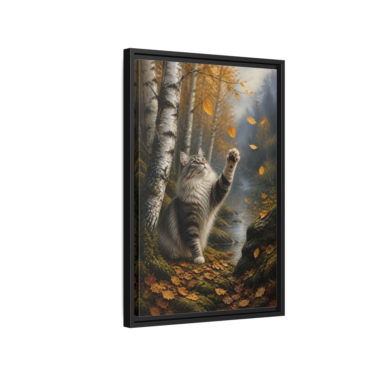 Side Mockup 3. Tabby Cat In Autumn shown as framed canvas print