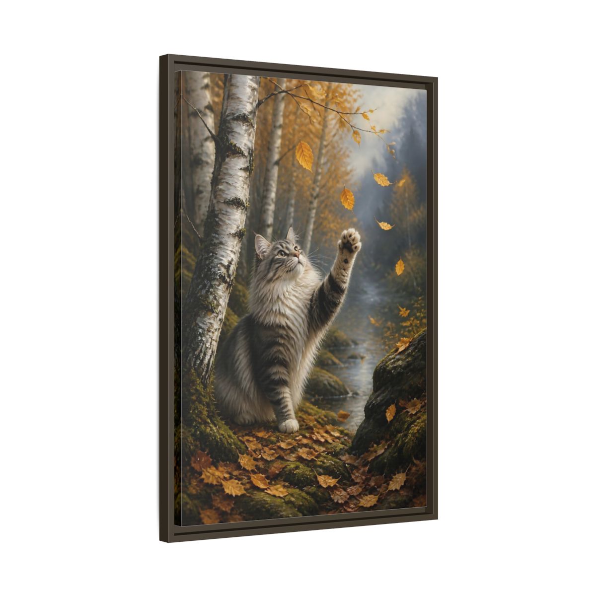 Side Mockup 11. Tabby Cat In Autumn shown as framed canvas print