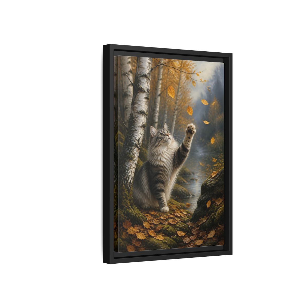 Side Mockup 6. Tabby Cat In Autumn shown as framed canvas print