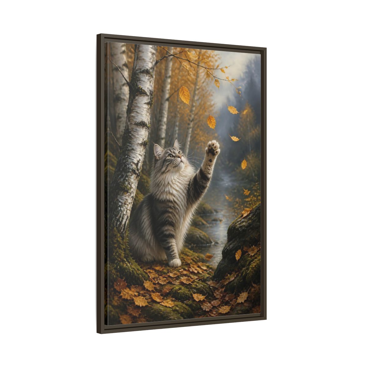 Main Mockup. Tabby Cat In Autumn shown as framed canvas print