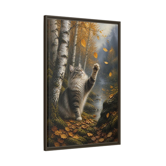 Main Mockup. Tabby Cat In Autumn shown as framed canvas print