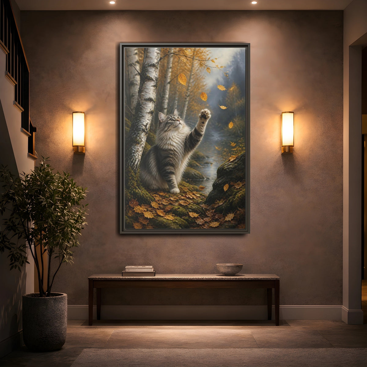 Mockup 2. Tabby Cat In Autumn shown as framed canvas print
